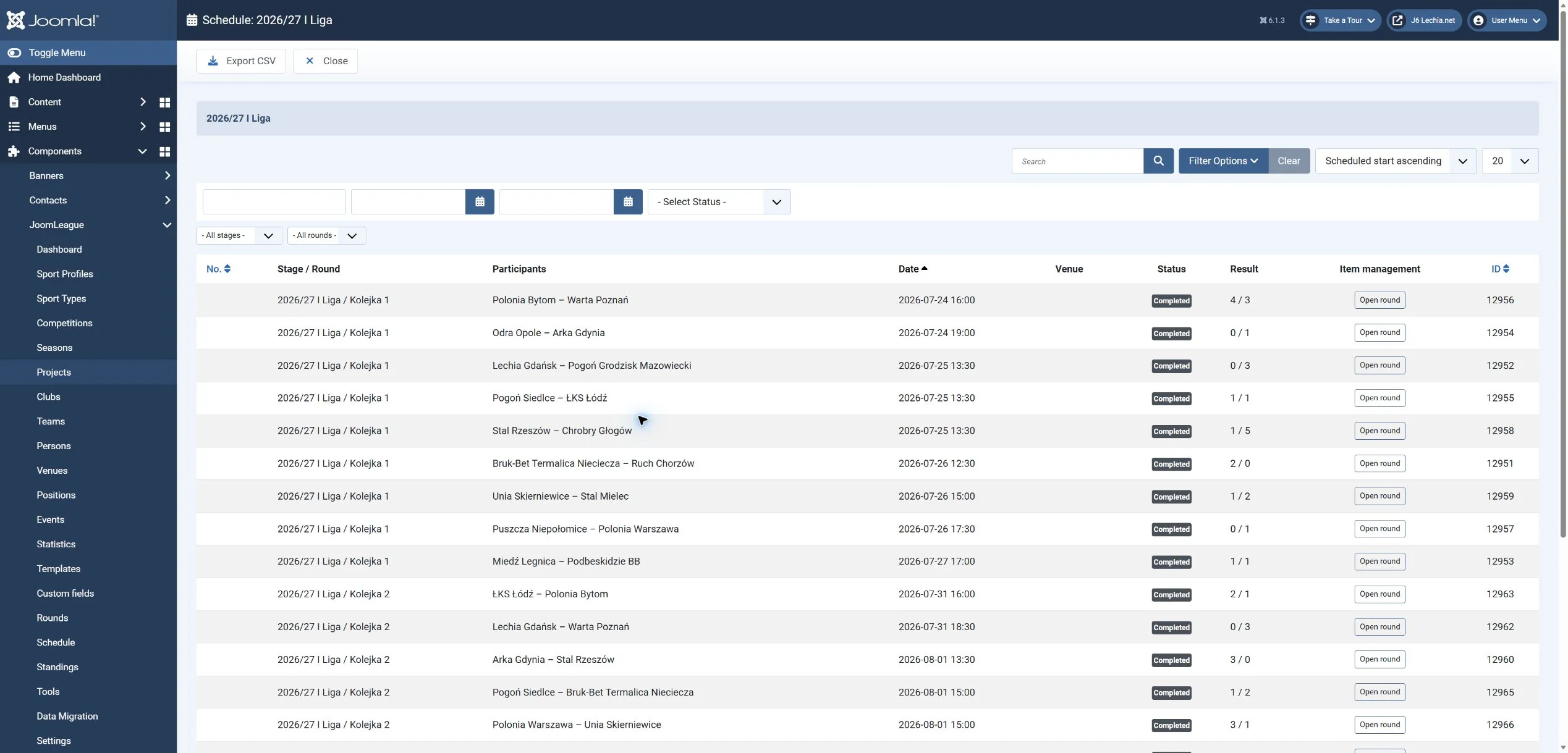 Zarządzanie terminarzem i wynikami w JoomLeague 6.2