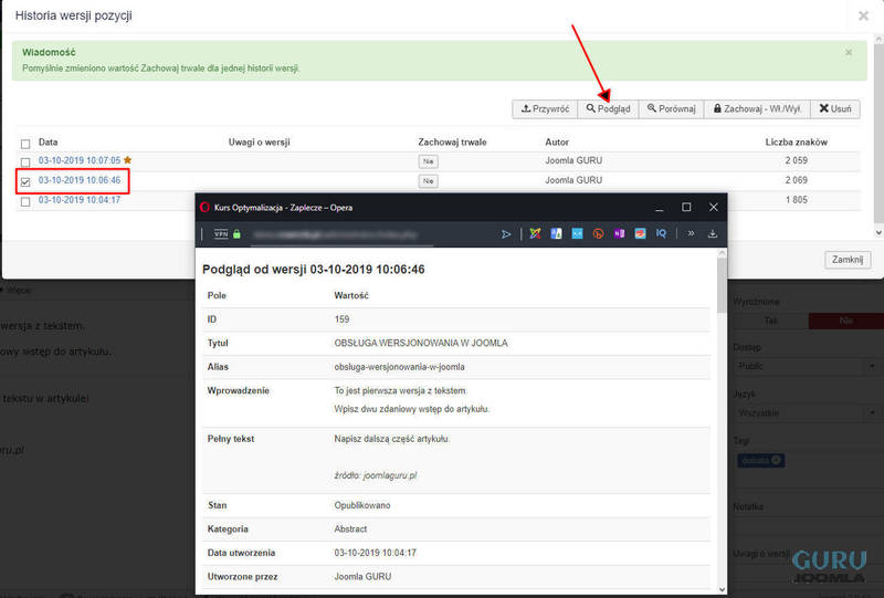 wersjonowanie joomla obsługa podgląd 