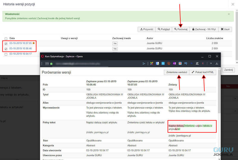 wersjonowanie joomla obsługa porównanie wersji 