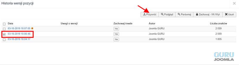 wersjonowanie joomla obsługa przywrócenie wersji 